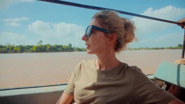 Wild Nature Of Search Lions And Giraffe Serengeti Or Ngorongoro. Woman On Africa River Safari. alt
