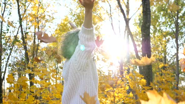 Excited Young Woman Throws Up Autumn Leaves In Park alt