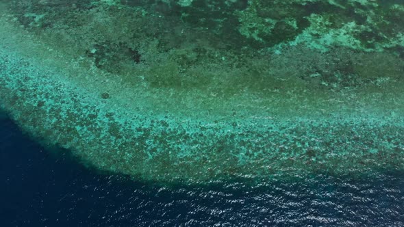Aerial: Flying over tropical beach turquoise water coral reef, Indonesia  alt
