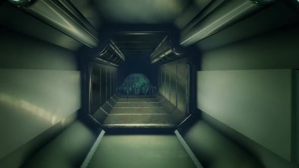 Long straight empty enclosed corridor. Dark industrial hallway in the spacecraft alt
