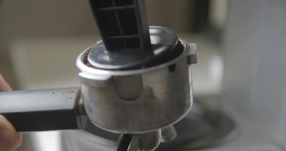 Coffee espresso machine close up slowmotion, 4K DCI PRORES HQ