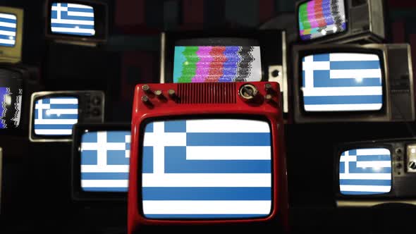 The national flag of Greece and Vintage Televisions. alt