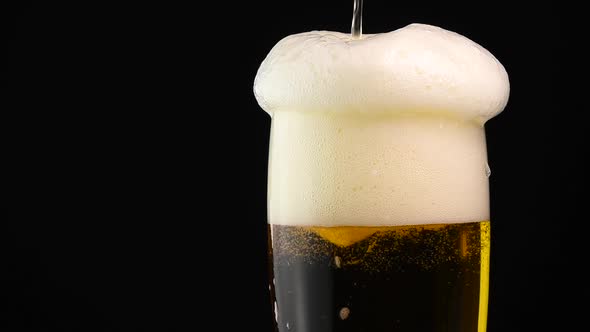 Pouring lager beer in glass over black background alt