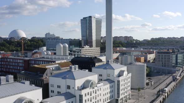 Stockholm, Sweden. Aerial Drone view of a white industry complex