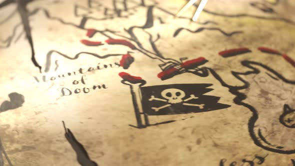 Funny hand-drawn ancient map with animated drawings. Treasure chest full of gold alt