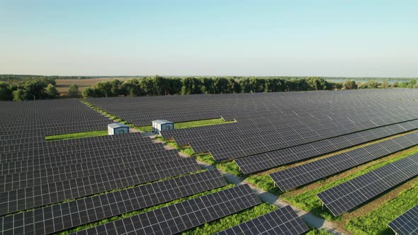 Aerial View of Solar Farm on the Green Field at Sunset Time Solar Panels in Row alt