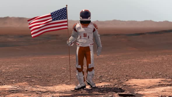Astronaut Walking on Mars with American Flag