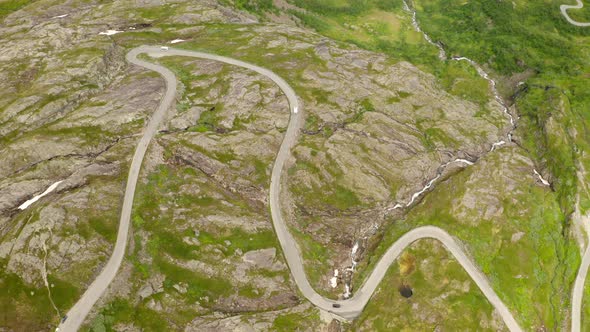 Top View Of Trollstigen Winding Mountain Pass Road In Geiranger, Norway. - Aerial Shot alt
