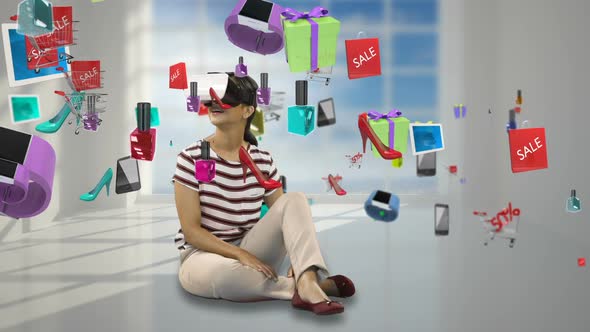 Woman using virtual reality headset with digitally generated sale icons 4k alt