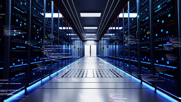 Camera Moving Through Rack Servers in Data Center. Big Data Storage. Modern Internet Network alt
