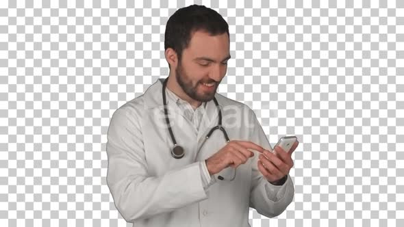 Happy doctor using his smartphone, Alpha Channel