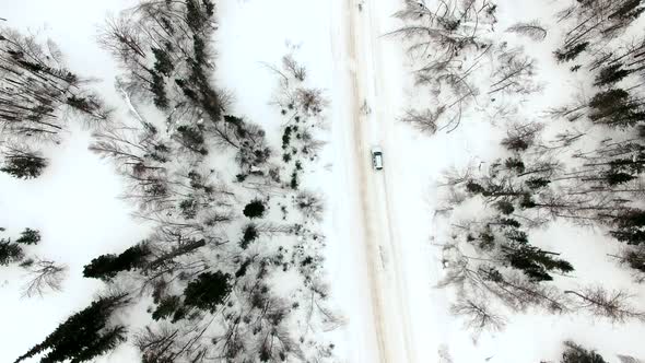 Top View Car Rides By Road in Snow-covered Forest