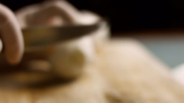 Woman's Hands Pouring Honey and Mustard on Roasted Duck alt