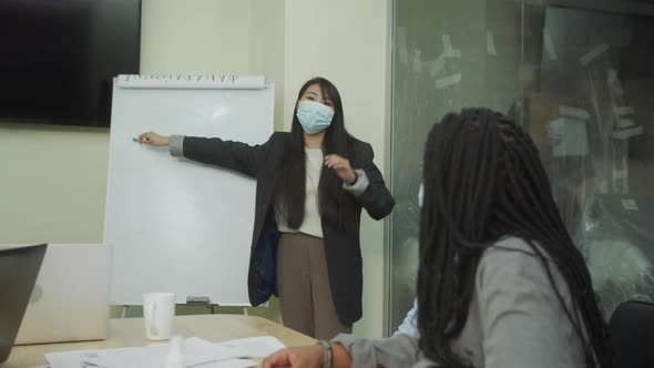 A Young Businesswoman is Demonstrating the Project on the Board alt