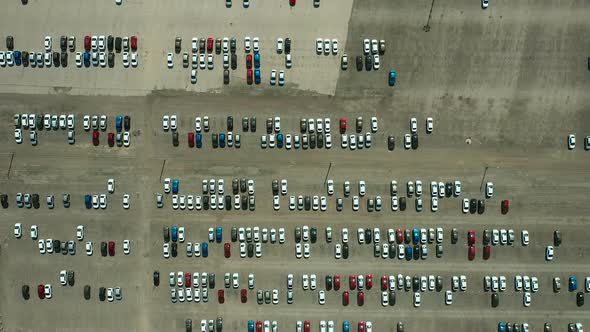 Aerial View, Lots of Cars Are Parked in Rows. Car Parking on an Asphalt Surface. Russia, Samara.