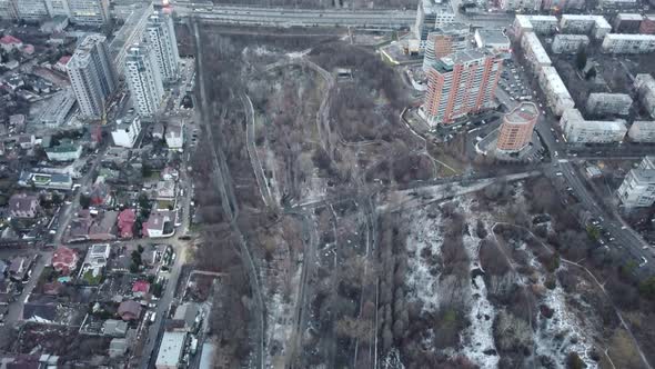 Aerial gray winter Sarzhyn yar in Kharkiv city
