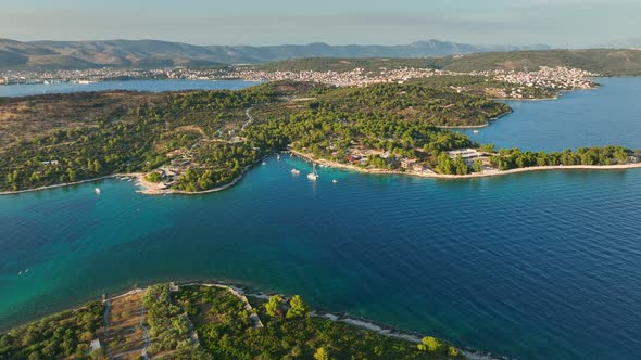 Aerial Shot of Green Islands and Turquoise Sea Water Near Trogir Croatia alt