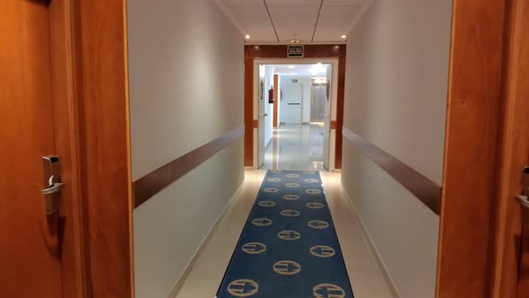 hotel corridor with room doors, carpet on the floor, trash can, fireproof systems with artificial le alt