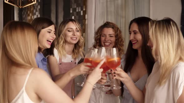 Six Beautiful Stylish Women in Elegant Casual Outfit Celebrating and Drinking Alcohol Cocktails alt