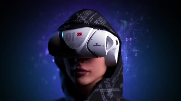 loop animation. Portrait of a girl in a vr helmet on a digital background. foreground alt
