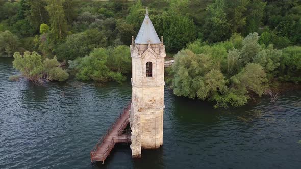 Aerial View of The Fish Cathedral. Sunken Church Ruins Located in the Ebro Reservoir in Cantabria alt