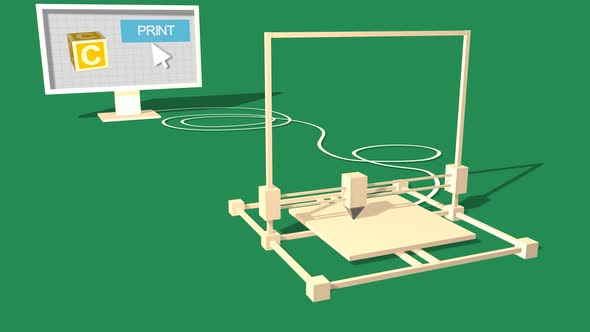Simple Animation of Printing a child block with a 3D Printer. Green Background. alt