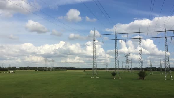 Beautiful landscape of the flat Dutch countryside passing by with electricity poles, cows, crop fiel alt
