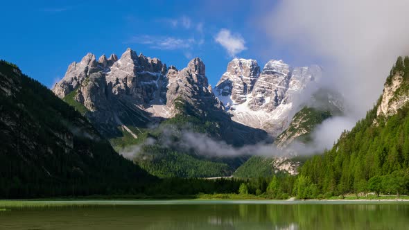 4K Timelapse Lago di Landro Lake in the Dolomites, South Tyrol, Italy, Europe alt