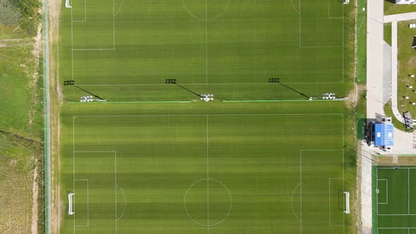 Drone Footage Top Down Big Green Empty Soccer Field
