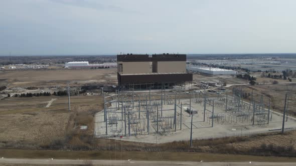 Aerial view of deconstruction in progress of coal plant in Kenosha, Wisconsin.