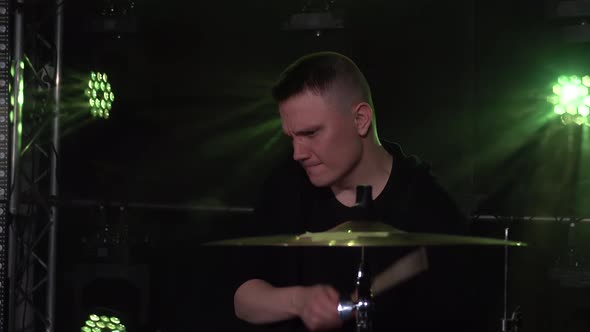 Musicians Play Piano Synthesizer Keyboard and Drums in Dark Studio with Smoke and Neon Lighting alt