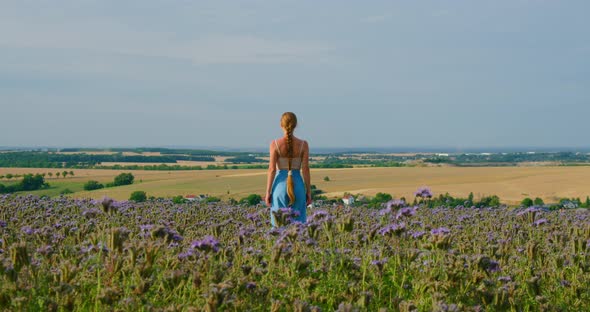 Rear View of Young Woman Enjoying in Violet Flowers Field
