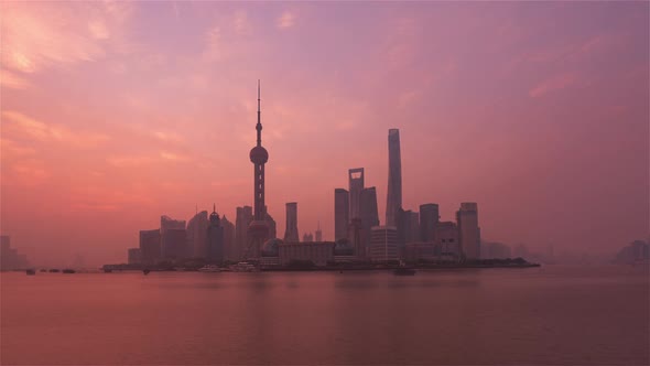 Shanghai, China - Sunrise Shanghai Skyline as seen from the Bund
