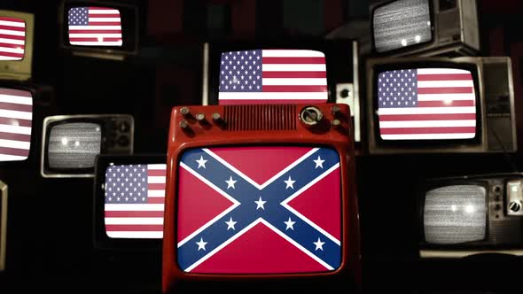 Confederate Rebel Flag and United States Flags on Retro TVs. alt
