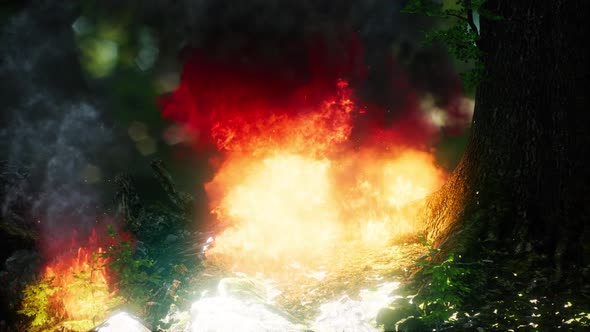 Wind Blowing on a Flaming Trees During a Forest Fire alt