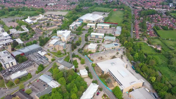 Aerial footage of the large university buildings known as Constantine College in the City of York UK alt