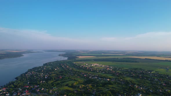 Beautiful village near river Dnieper from the top view, Stari Kodaky, Dnipro, Ukraine, Europe.