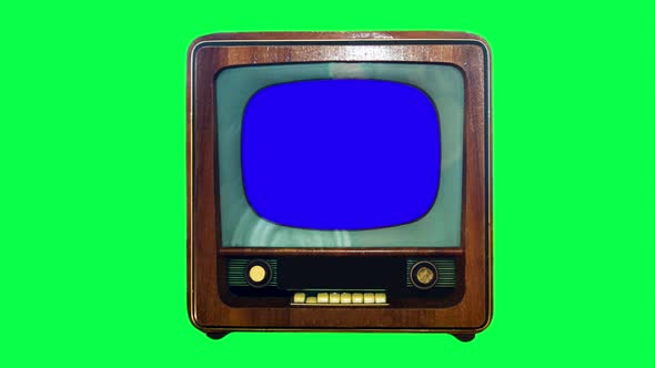 Chroma Key Retro Tv Set With A Blue Display For Composition On A Green Background. alt