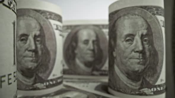 American one hundred dollar paper banknote in close up macro view dolly shot. alt