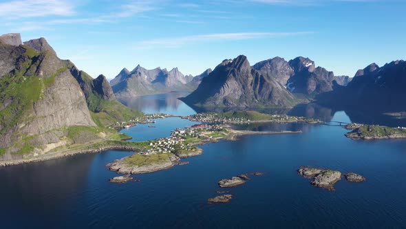 Flight Above  sea and view on the fishing village Reine and Hamnoya ,Lofoten Islands,Norway