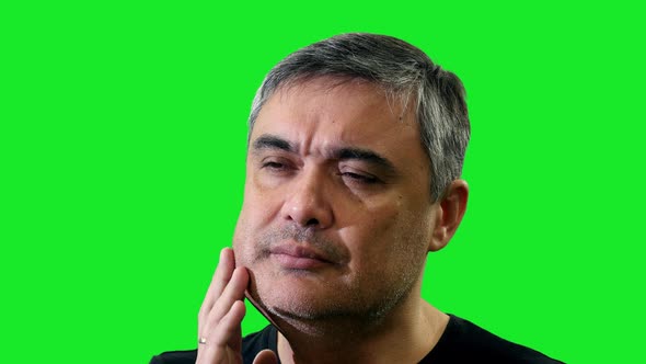 Middle Aged Man With Tooth Pain Touching Swollen Cheek, Chroma Key