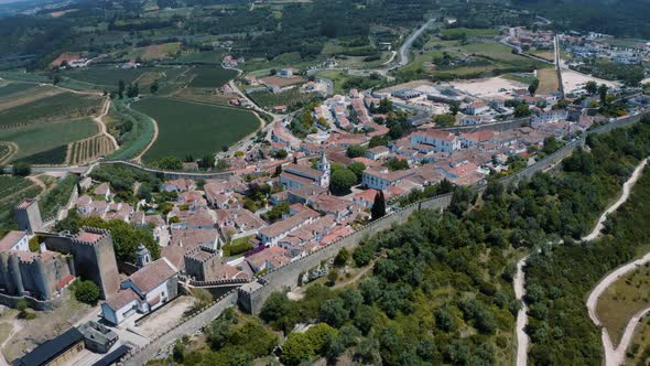Aerial View of Obidos Medieval Portugal Town 4K