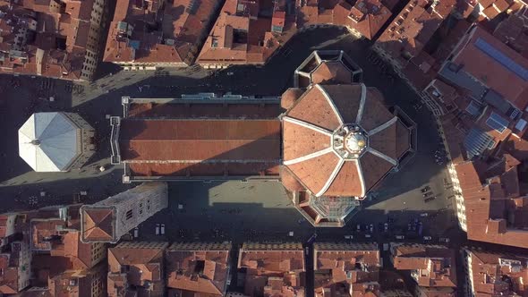 Aerial View. Top View of the Cathedral Florence, Tuscany, Italy. Flying Over the Florence Roofs alt