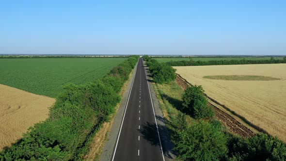 Flying High Over the Asphalt Road Among the Fields alt