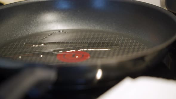 Cooking on Electric Stove Top in the Kitchen Woman Sprinkles Frying Pan with Vegetable Oil on alt
