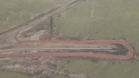 Moving along railroad tracks. Aerial view of Railroad emergency stop track in Trialeti, Georgia alt