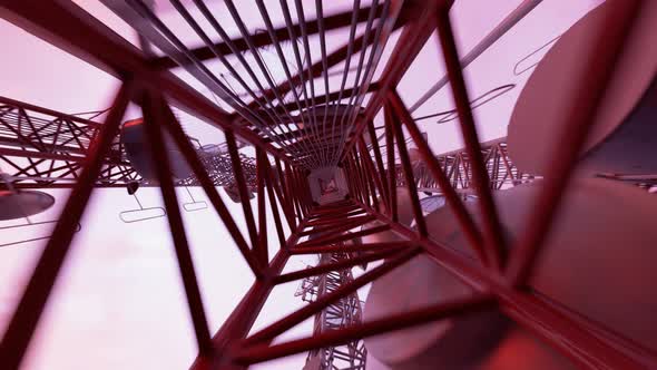 Antenna complex during sundown. Radio communication broadcasting transmitter. alt