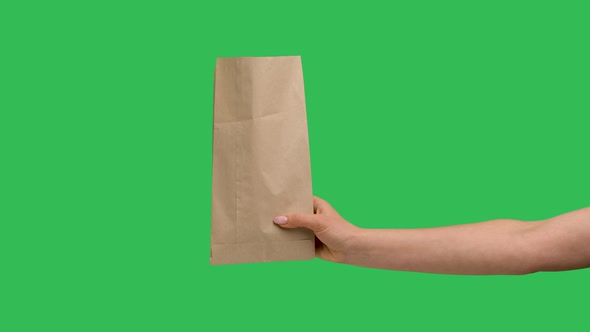 Female Hand Holds a Paper Shopping Bag on the Background of a Green Screen Chroma Key alt