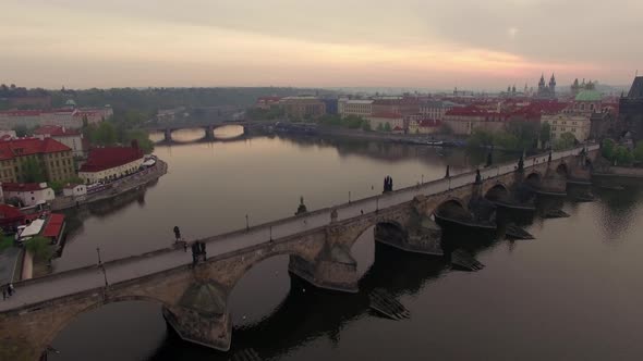 Ancient Charles Bridge and Prague View, Aerial Shot alt