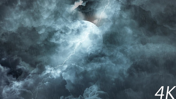 Abstract Dark Night Thunder Clouds with Lightning Strikes and Moon
